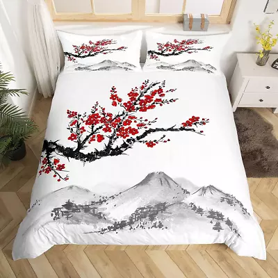 Japanese-Style Comforter Cover Red Cherry Blossoms Printed Bedding Set Mount Fuj • $53.40