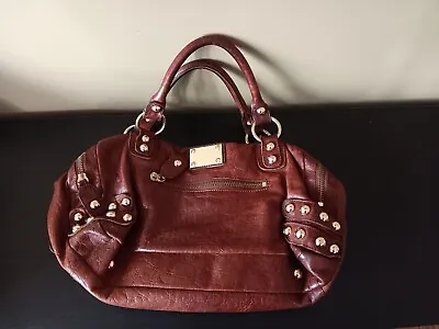 Linea Pelle Womens  Shoulder Bag Brown Leather Studded Zip Pocket Satchel Purse • $29.95