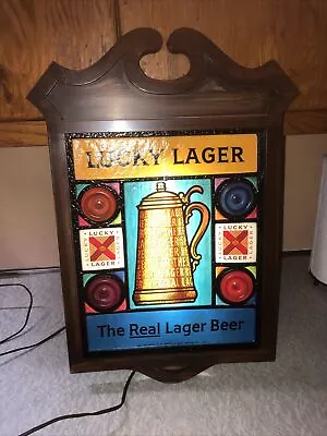 Vintage Lucky Lager Beer Sign Lighted Hanging WORKS • $179