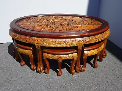 Vintage Chinese Asian Ornately Carved Golden Brown Coffee Table W Four Stools • $1395