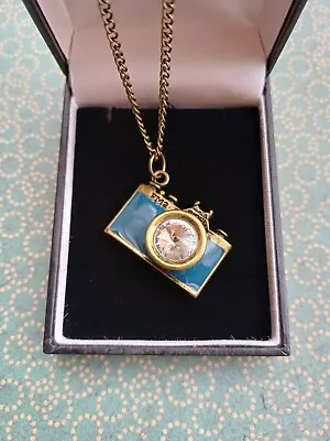 Beautiful FM2 Retro Camera Gold Tone Blue Enamle & Gem Pendant Necklace • £4.49