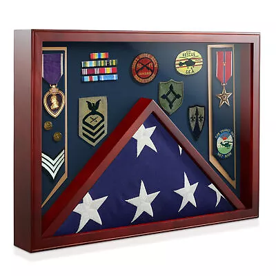 Military Shadow Box Display Case For Burial Flag Medals - Navy Blue Velvet • $110.99