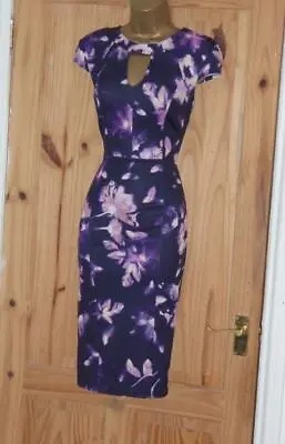 Purple Floral Stretch Galaxy Pencil Wiggle Evening Party Dress Size 12 • £23