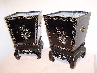 Pair Vintage Painted Wood & Galvanized Asian Garden Planters Flower Boxes • $299.99