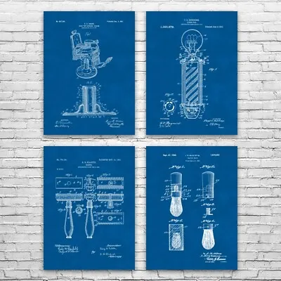 Barber Shop Patent Posters Set Of 4 Hair Stylist Barber Gift Chair Blueprint • $55.56