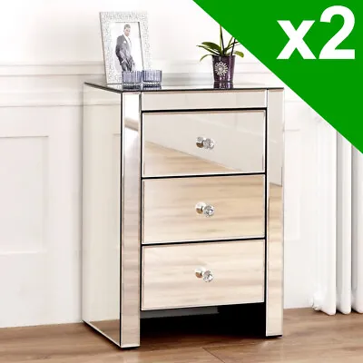 £249 • Buy 2x Venetian Mirrored 3 Drawer Bedside Table - Nightstand Table Pair VEN07-2-QTY