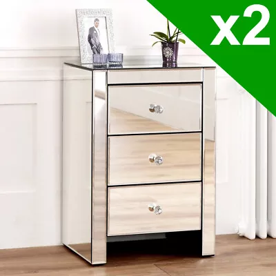 2x Venetian Mirrored 3 Drawer Bedside Table - Nightstand Table Pair VEN07-2-QTY • £249