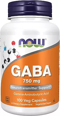 NOW GABA 750 Mg 100 Veg Capsules Free & Fast Delivery • $25.64