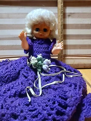 Vtg Doll Handmade Crochet Gown Plastic Vinyl Sleep Eyes Blonde Hat • $30