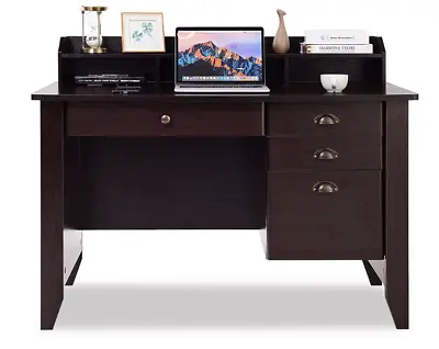 Laptop Computer Desk Brown Student Workstation 4 Drawers Shelves File Cabinet • $268.88