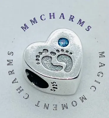 NEW BABY BOY - BLUE FOOTPRINT European Heart Charm & Pouch- Sterling Silver S925 • £10.99