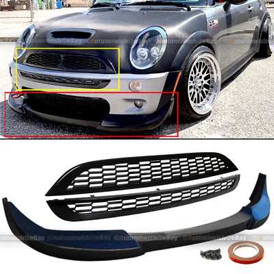 For 02-06 Mini Cooper S Unpainted Front Bumper Lip & 2 PCS JCW Style Mesh Grille • $149.99