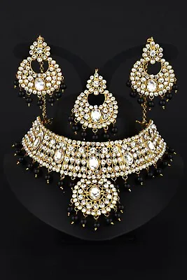 Indian Rajasthani Gold Plated Kundan Choker Necklace Jewelry Bridal Set  • $34.99