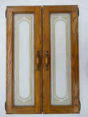 Vintage 1980's Pair Oak W/Gold & Frosted  Appliques Glass Cabinet/Cupboard Doors • $39.85