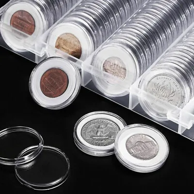 100Pcs Coin Cases Capsules Holder Plastic Clear Round Big Storage Box 30mm UK • £10.17