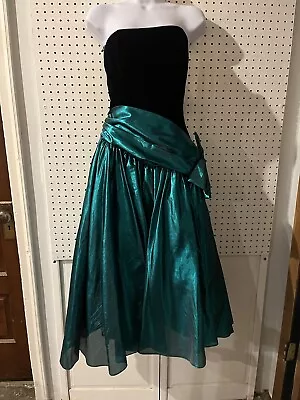 Vintage 80s Prom Formal Dress Black/Turquoise Strapless Dress Zum Zum W/ Bow • $100