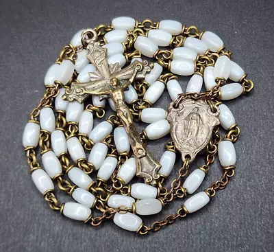 Vintage Catholic Rosary White Glass Satin Beads Gold Tone Crucifix Roma Italy • $24.99