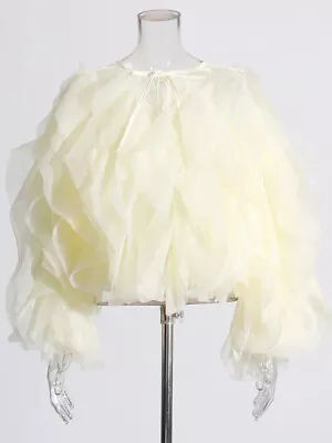 Vintage Patchwork Ruffle Shirt For Women O Neck Lantern Blouse Female Fashion • $37.19
