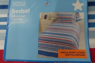 Marks & Spencer Blue Striped Bedset Single Duvet & Pillow Case Coastal Nautical • £20