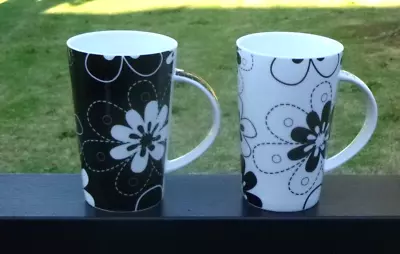 Maxwell & Williams 400ml Coffee Tea Mugs X 2 *Black & White Floral  'Daisy May' • $25