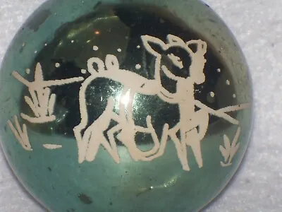 Vintage Old Reindeer Stencil Scene Blue Glass Christmas Ornament Shiny Brite • $15.95