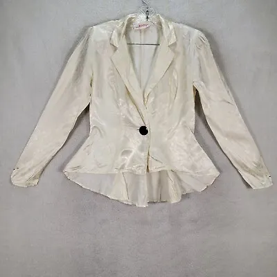 Vtg Scarlett Womens Top Size S Ivory Cheetah Satin Collared Hi Low Unique Blouse • $13.96