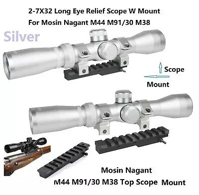 Silver Mosin Nagant 2-7x32 Long Eye Relief Scout Scope W Mount F M44 M91/30 &M38 • $69.99