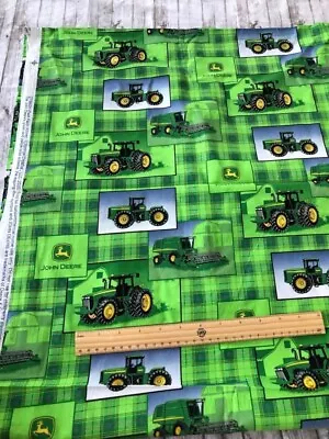 $7.99 • Buy John Deere Green Tractors All Over On Plaid  Cotton Fabric PER HALF METRE