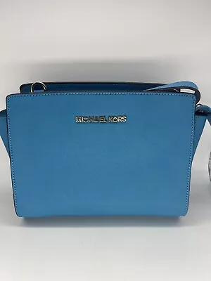 MICHAEL KORS Selma Blue Saffiano Leather Satchel Crossbody Shoulder Purse Bag • $98