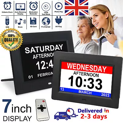 7  Digital Alarm Clock Calendar Day Datetime Memory Loss Dementia Elderly Remote • £15.99