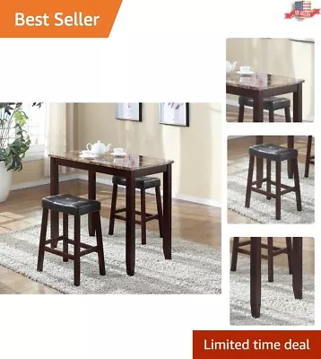 Counter Height Marble Breakfast Table - Glossy Print - Dark Brown Legs - 3-Piece • $170.97