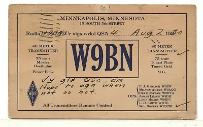 1930 QSL: W9BN – Op: W9DCM – Minneapolis MN - Remotely Controlled Transmitter • $4.95