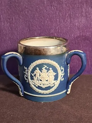 Antique 9thc Cobalt Blue Jasperware ADAMS Tunstall England Silver Rim Loving Cup • £23