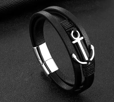 Men Boy Women Silver Anchor Black Braided Genuine Leather Bracelet Bangle 7-8  • $14.99