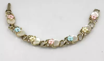 Vintage Gold Tone Mother Of Pearl Disk Thermoset Flower Link Rhinestone Bracelet • $9.50