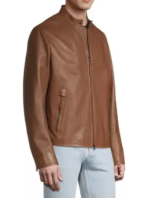 $795 - HUGO BOSS GEMOS Nappa Leather Bomber Jacket W Logo In Brown - Size 40R • $413.55