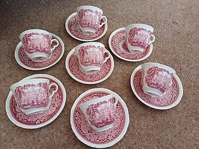 Masons Vista Pink Cups & Saucer Set Of 7 Used Vintage • £44.99