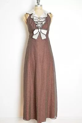 Vintage 70s Dress Miss Elliette Polka Dot Ruffle Long Halter Maxi Prom XS Brown • $46