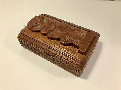RARE Maori Wooden Tiki Box Waka Huia Hand Carved Art Paua Shell Inlay NZ • $129