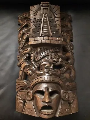 Hand Carved Wood Mayan Mask Warrior Pyramid Artwork Chichén Itza Jaguar Snake • $190