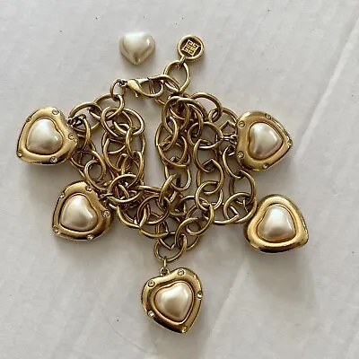 Givenchy Faux Pearl Heart & Crystal Chunky Charm  Bracelet Vtg - Fixable Flaw • $149.99