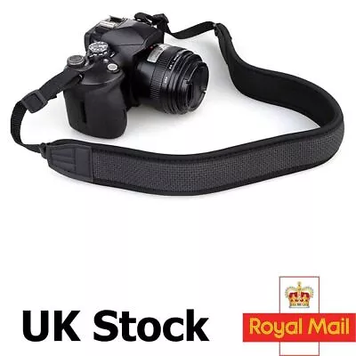 Black Neoprene Camera Neck Shoulder Strap Belt For DSLR Nikon Sony Canon Pentax • £4.69