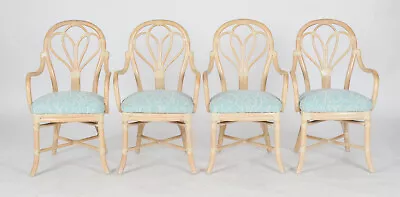 Four Vtg Authentic Marked McGuire M-26 Loop Back Rattan Rawhide Host Arm Chairs • $4495