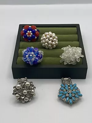 Lot Of  6 Statement Stretch Rings Vintage Flower Rhinestone Cabochon Pearls • $12.50