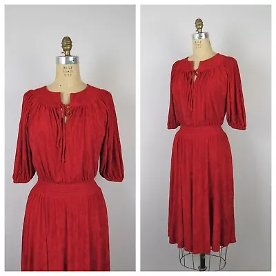 Vintage 1970s Terry Cloth Dress Red Casual Summer Spring Fashion Medium • $44