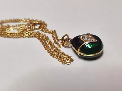 Museum Reproduction Faberge Egg Style Pendant Necklace Blue & Green Enamel Gold • $36.21