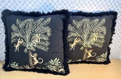 Pair Of Vintage Chinoiserie Pillows Monkeys Climbing Palm Tree Fringed Black • $100