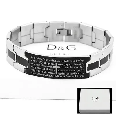 DG Men's 8  Stainless Steel BlackBIBLE VERSES CROSS Lord Prayer.ID Bracelet*Box • $12.98