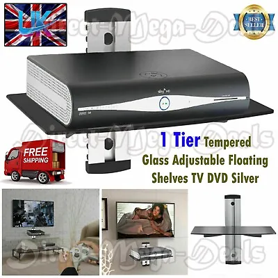 1 Tier Glass Floating Wall Mount Shelf Sky Box Game Console DVD Player Silver • £9.95