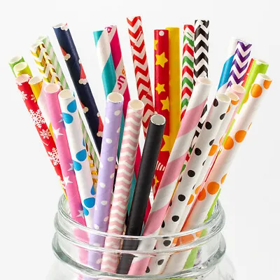 US 100~200 Bulk Packed Paper Straws Pattern Color -Biodegradable FDA Approved • $6.92
